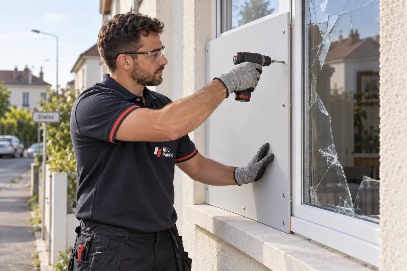 Vitrier fixant un panneau de fermeture provisoire sur une fenêtre cassée d'un pavillon à Stains